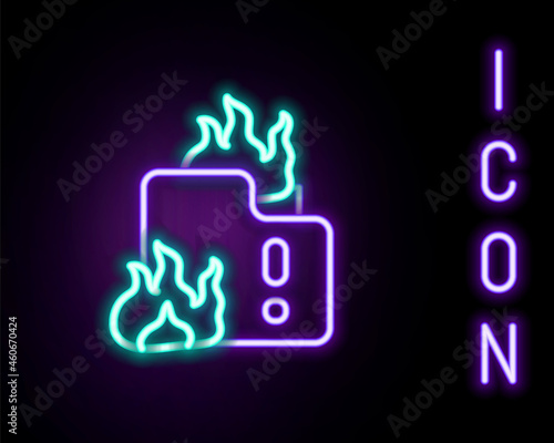 Glowing neon line Fire in burning house icon isolated on black background. Colorful outline concept. Vector