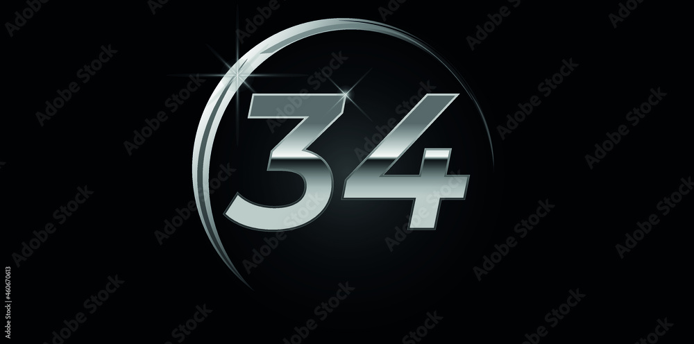 Chrome vector number 34. Logo for birthday, celebrations, dates with silver ring isolated on black background with silver light, vector design for celebration, invitation card and greeting card Chrome vector number 34. Logo for birthday, celebrations, dates with silver ring isolated on black background with silver light, vector design for celebration, invitation card and greeting card