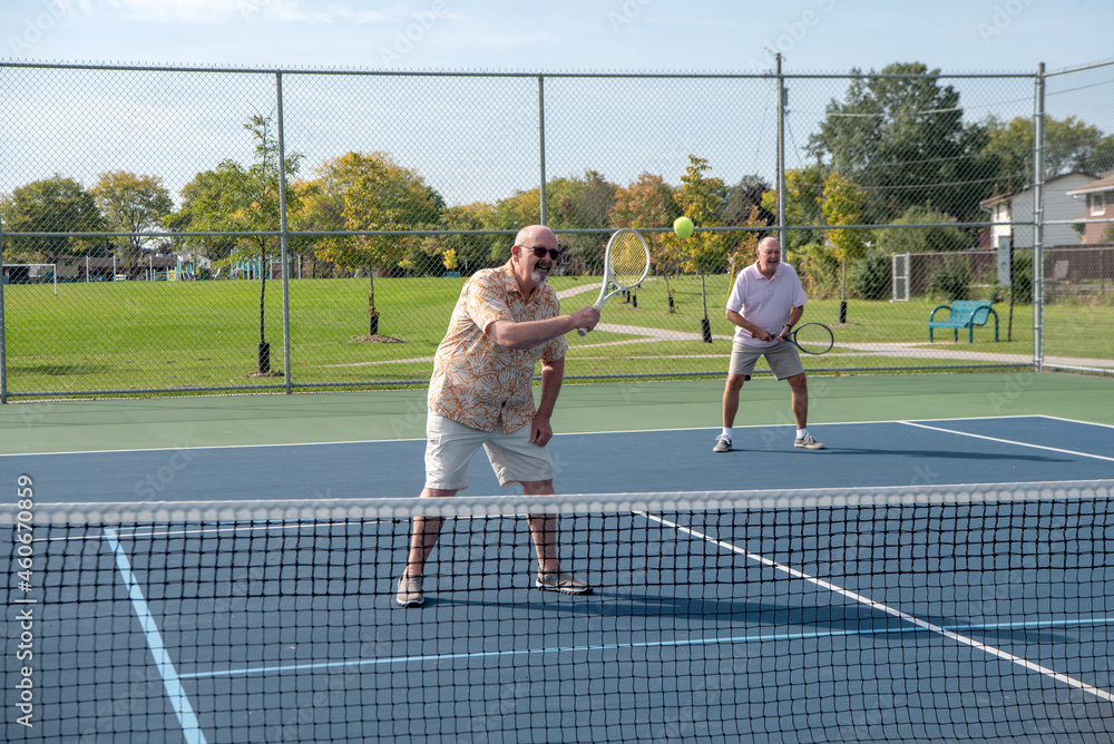 Obraz premium Active gay seniors play tennis in an outdoor court on a sunny day.