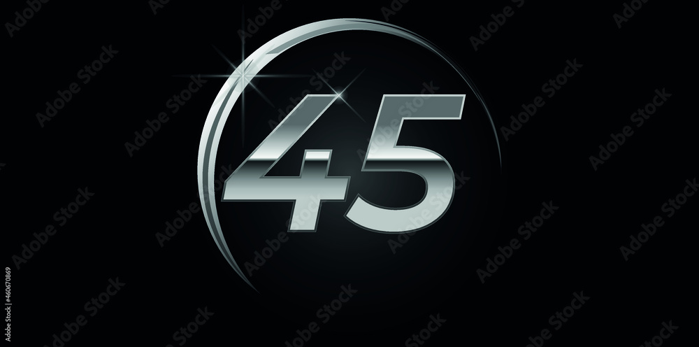 Chrome vector number 45. Logo for birthday, celebrations, dates with silver ring isolated on black background with silver light, vector design for celebration, invitation card and greeting card Chrome vector number 45. Logo for birthday, celebrations, dates with silver ring isolated on black background with silver light, vector design for celebration, invitation card and greeting card