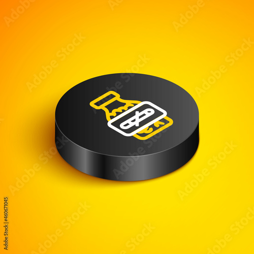 Isometric line Nicotine gum in blister pack icon isolated on yellow background. Helps calm cravings and reduces anxiety caused by quitting smoking. Black circle button. Vector