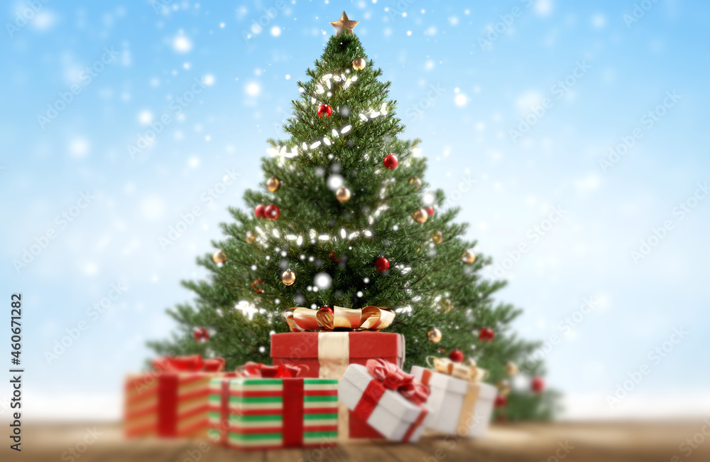 Christmas fir tree and presents. snowflakes christmas gifts and green decorated tree 3d-illustration
