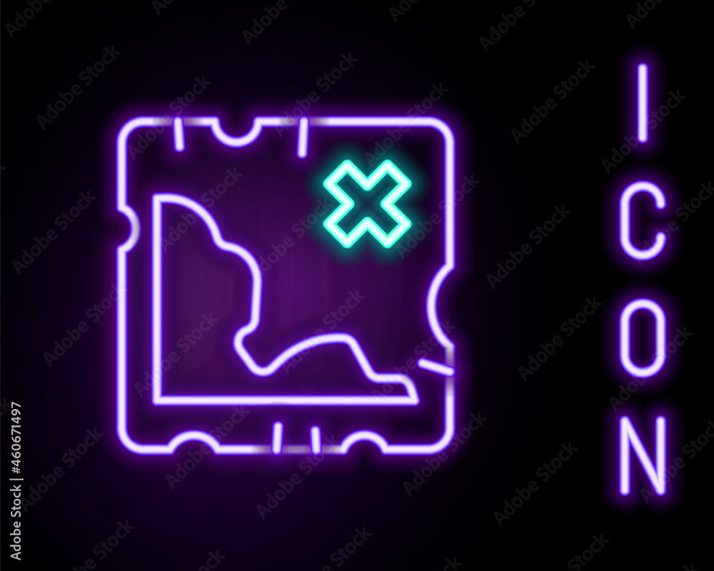 Glowing neon line Pirate treasure map icon isolated on black background. Colorful outline concept. Vector Glowing neon line Pirate treasure map icon isolated on black background. Colorful outline concept. Vector