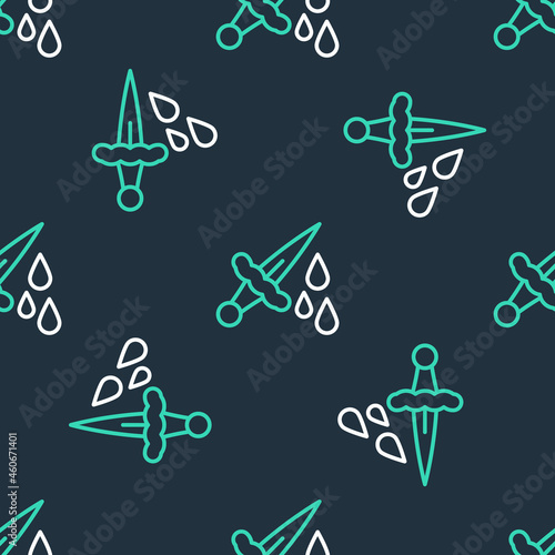 Line Sword with blood icon isolated seamless pattern on black background. Medieval weapons knight and soldier. Symbol of murder. Vector