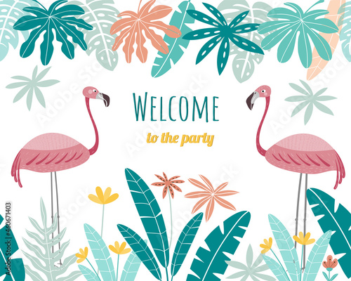 Cute pink flamingos with frame of tropical leaves. Flamingo isolated on a white background.