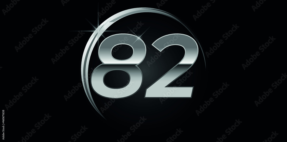 Chrome vector number 82. Logo for birthday, celebrations, dates with silver ring isolated on black background with silver light, vector design for celebration, invitation card and greeting card Chrome vector number 82. Logo for birthday, celebrations, dates with silver ring isolated on black background with silver light, vector design for celebration, invitation card and greeting card