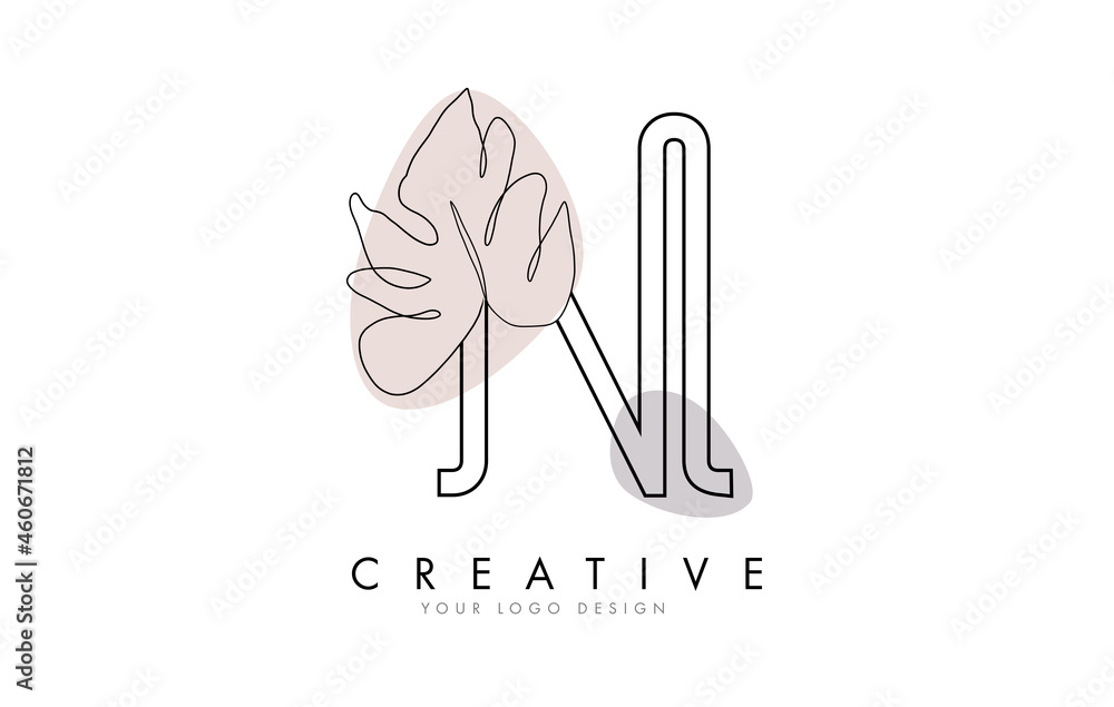 Black Outline N letter logo design with outline Monstera Leaf One Line ...