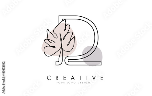 Black Outline D letter logo design with outline Monstera Leaf One Line Drawing Vector Illustration.