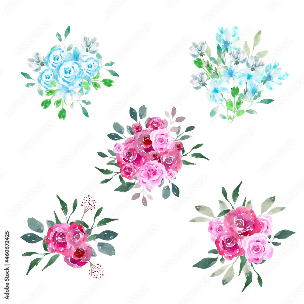 Set of watercolor floral bouquets. Bouquets of pink and blue flowers. Elements for creating design