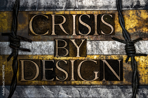 Crisis By Design text on textured grunge copper and vintage gold background