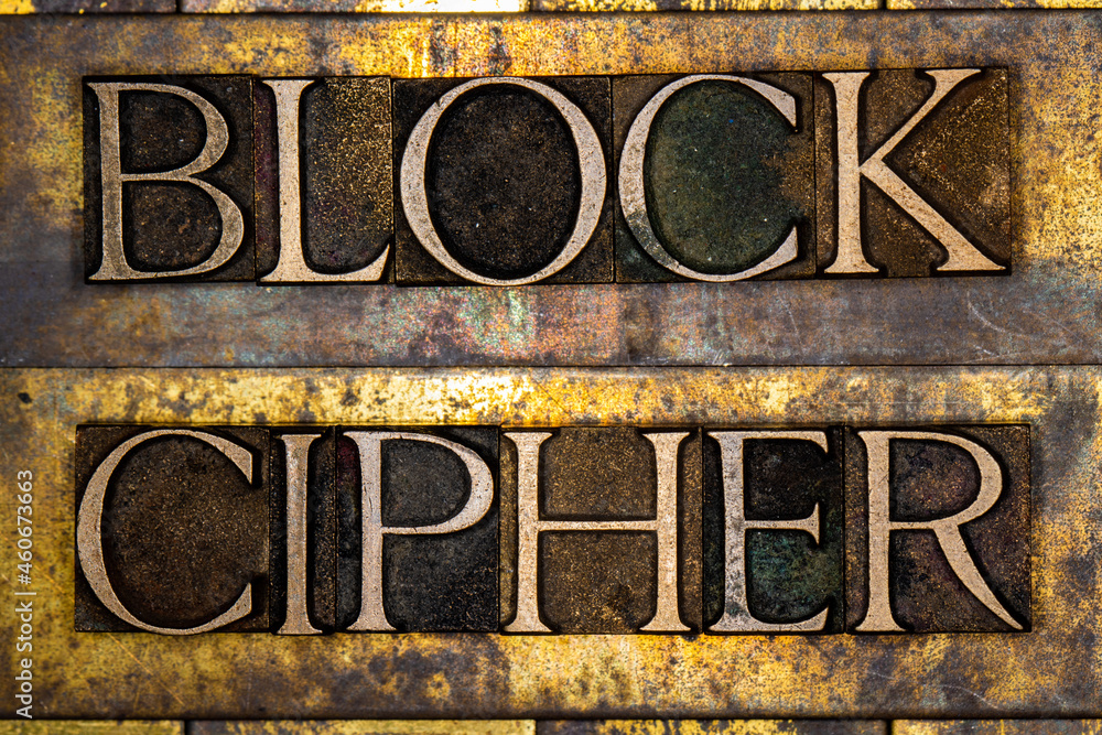 Block cipher text on textured grunge copper and vintage gold background