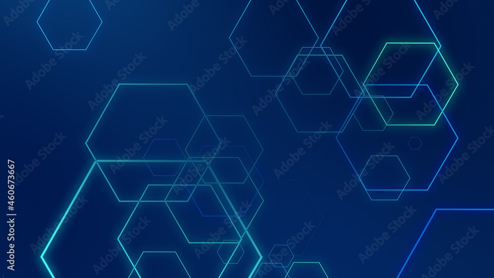 Abstract hexagon geometric blue neon lights technology dark background. Abstract hexagon geometric blue neon lights technology dark background.