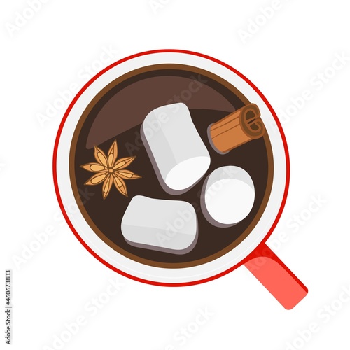 Hot Chocolate with marshmallow, cinnamon and anise. Flat Lay Hot drink in red cup. For Holiday banner, poster or card. Colorful Vector illustration in flat style on white background.