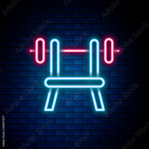 Glowing neon line Bench with barbell icon isolated on brick wall background. Gym equipment. Bodybuilding, powerlifting, fitness concept. Colorful outline concept. Vector
