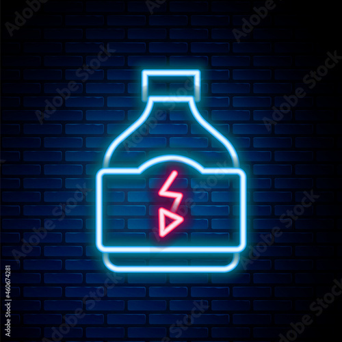 Glowing neon line Sports nutrition bodybuilding proteine power drink and food icon isolated on brick wall background. Colorful outline concept. Vector