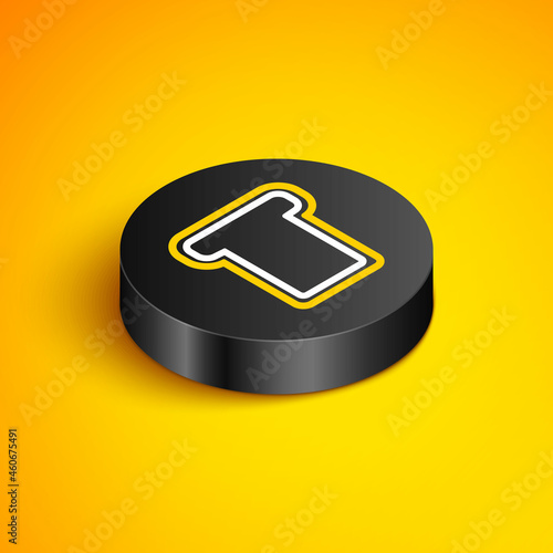 Isometric line Bread toast for sandwich piece of roasted crouton icon isolated on yellow background. Lunch, dinner, breakfast snack. Black circle button. Vector