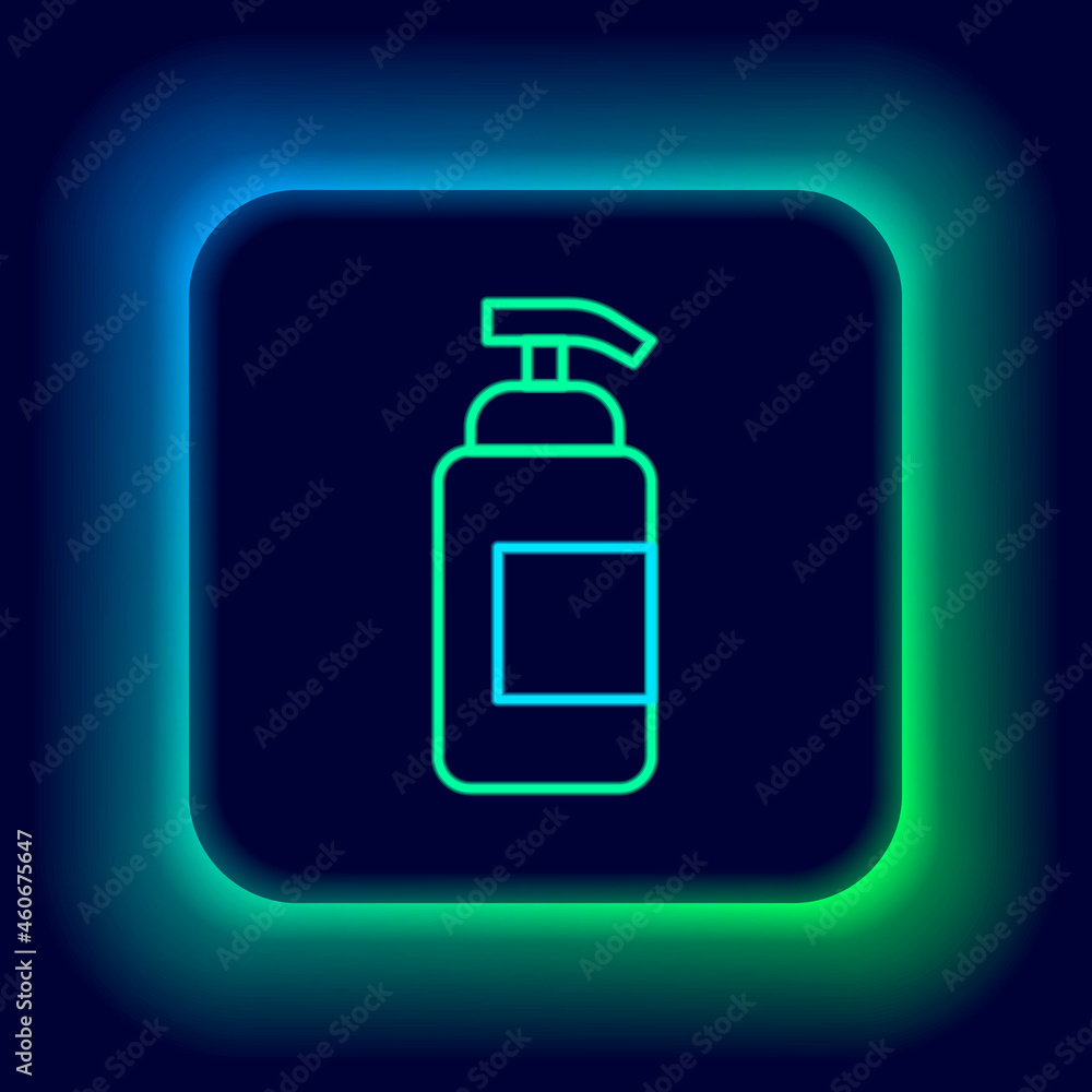 Glowing neon line Bottle of liquid antibacterial soap with dispenser icon isolated on black background. Antiseptic. Disinfection, hygiene, skin care. Colorful outline concept. Vector Glowing neon line Bottle of liquid antibacterial soap with dispenser icon isolated on black background. Antiseptic. Disinfection, hygiene, skin care. Colorful outline concept. Vector