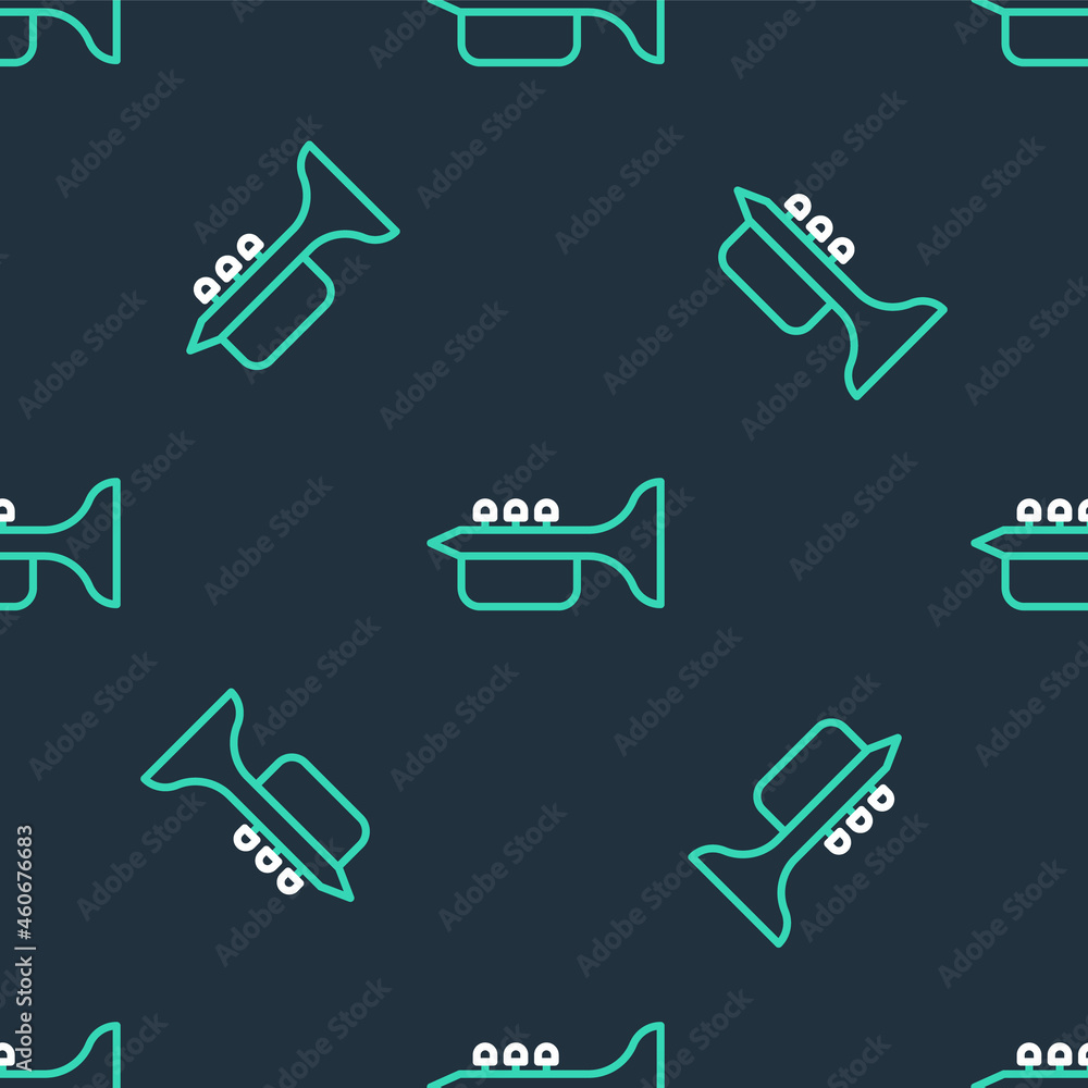 Line Trumpet icon isolated seamless pattern on black background. Musical instrument trumpet. Vector Line Trumpet icon isolated seamless pattern on black background. Musical instrument trumpet. Vector
