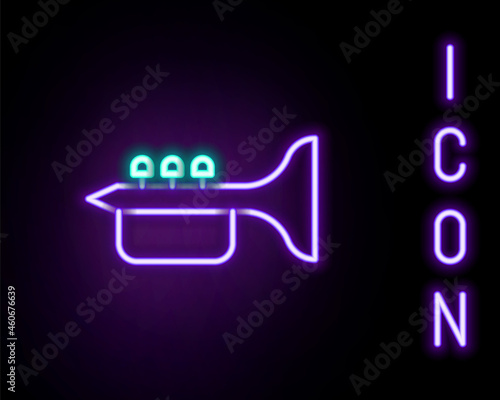 Glowing neon line Trumpet icon isolated on black background. Musical instrument trumpet. Colorful outline concept. Vector