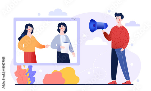 Male character is speaking into a megaphone for people online on white background. Concept of refering a friend loyalty program, online promotion method. Flat cartoon vector illustration