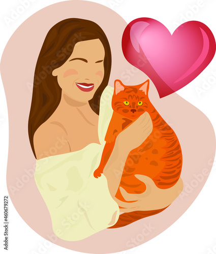 A woman holds a ginger cat in her arms. The concept of love for animals. Vector