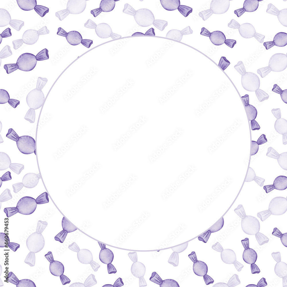 Frame from watercolor illustration hand painted purple lollipop candy, tasty sweets for children isolated on white. Blank card template for party, birthday invitations and greetings, postcards Frame from watercolor illustration hand painted purple lollipop candy, tasty sweets for children isolated on white. Blank card template for party, birthday invitations and greetings, postcards