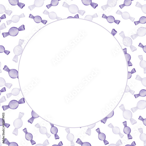 Wallpaper Mural Frame from watercolor illustration hand painted purple lollipop candy, tasty sweets for children isolated on white. Blank card template for party, birthday invitations and greetings, postcards Torontodigital.ca