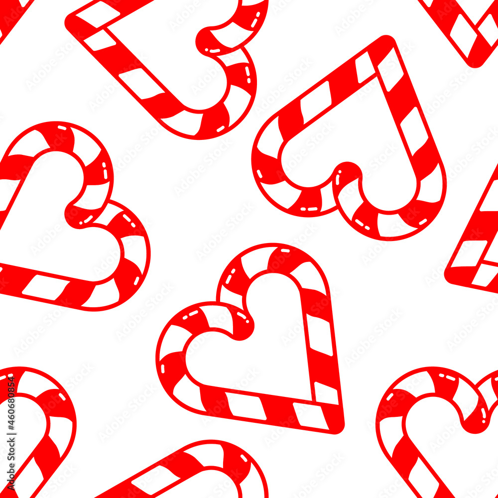 Candy lollipops seamless pattern. Candy cane. Heart shaped striped candies on white background. Candy lollipops seamless pattern. Candy cane. Heart shaped striped candies on white background.