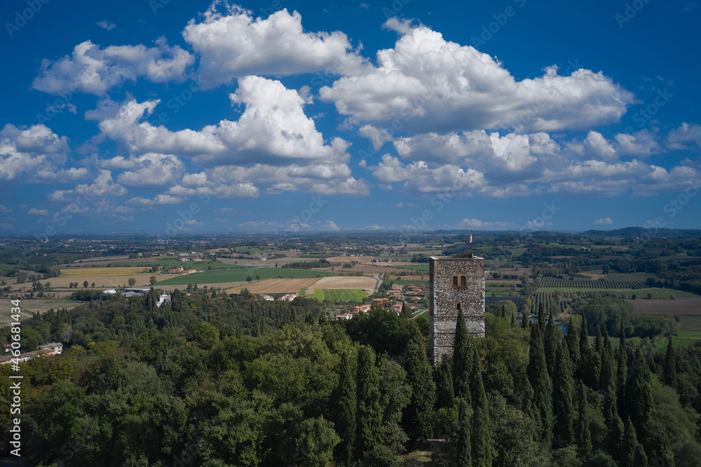 Aerial view of the Rocca di Solferino, Mantova. Aerial panorama of Solferino, Mantova, Italy. Aerial view of the Museum of Resurgence. Historic Italian town on the hill, Solferino, Mantova, Italy.