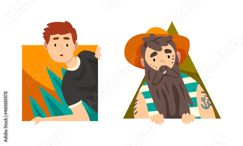Teen Boy and Bearded Man in Striped Vest Looking Out from Geometric Shape Vector Set