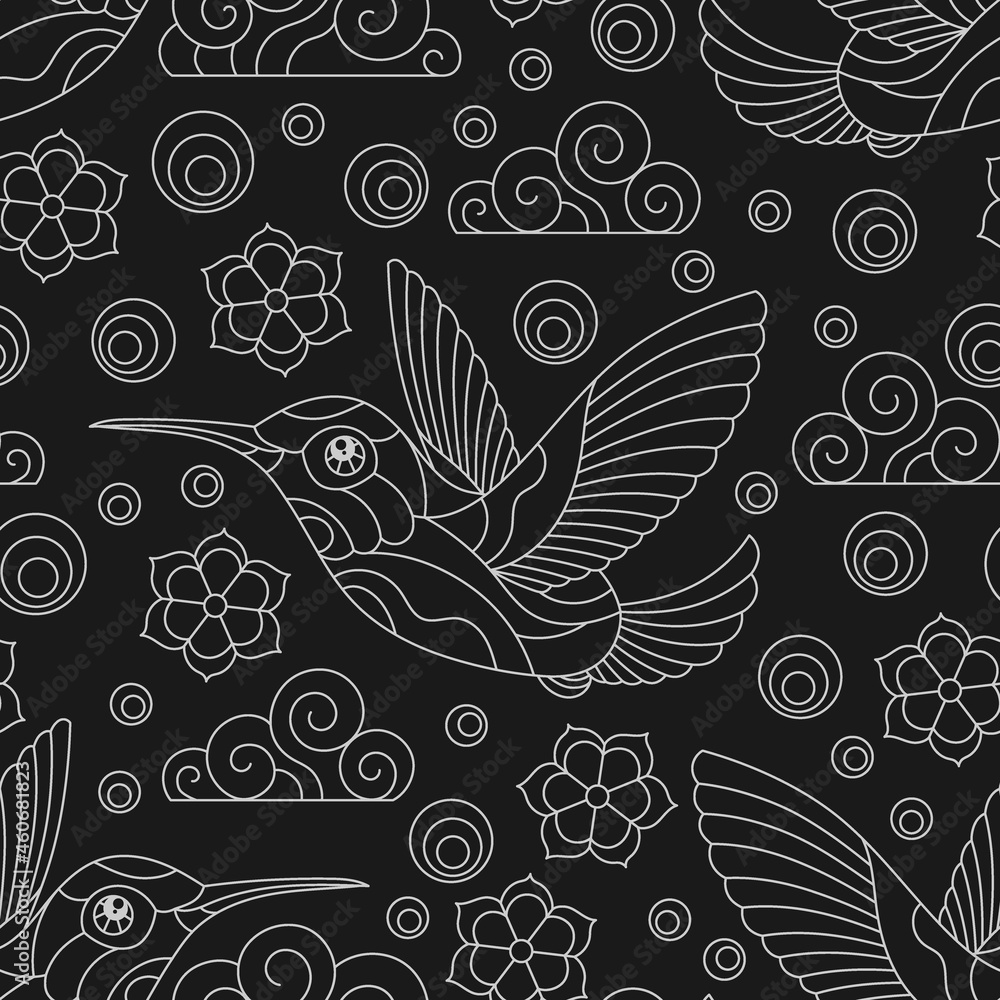 Fototapeta premium Seamless pattern with a light contour Hummingbird birds, clouds and flowers, outline birds on a dark background
