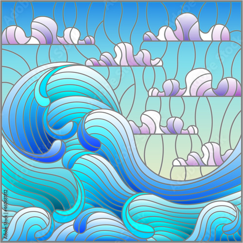 Illustration in the style of a stained glass window with a seascape, waves, and a cloudy sky, square image