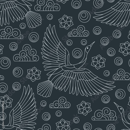 Seamless pattern with light contour birds, clouds and flowers, outline birds on a dark background