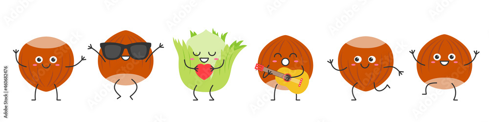 Fototapeta premium Set hazelnut character cartoon emotions joy happiness smiling face jumping running sings nut icon beautiful vector illustration.