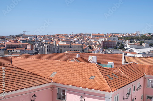 Top view of the city from one of the streets of the Alfama district, Lisbon, Portugal.
