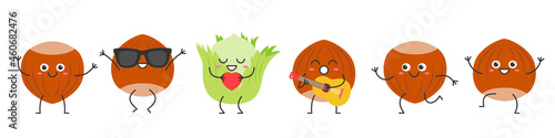 Set hazelnut character cartoon emotions joy happiness smiling face jumping running sings nut icon beautiful vector illustration.