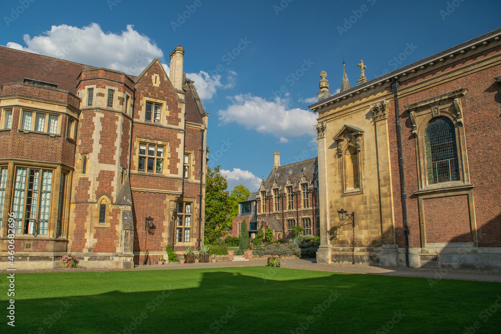 Historical Buildings ofChrist's College Court in front of lawn and garden at Cambridge England