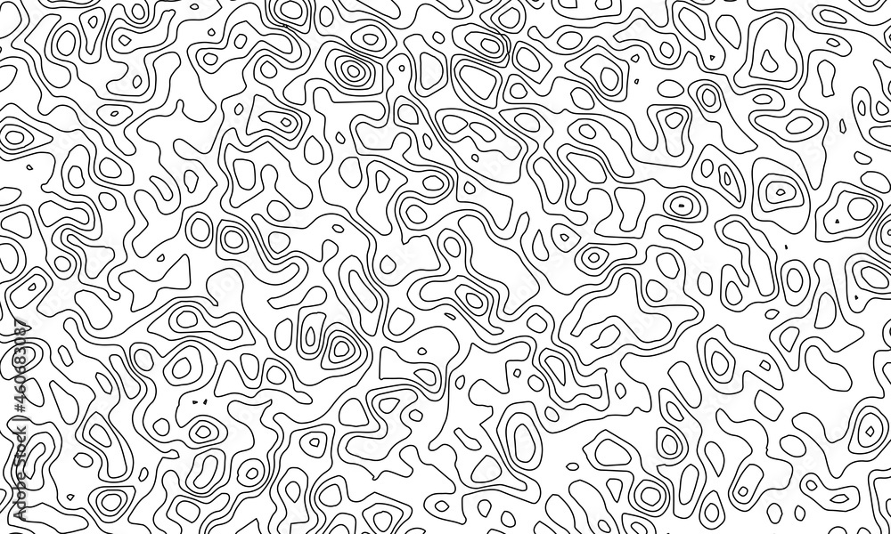 Topographic line map patterns. Black Contour and textured Background of geographic cartography terrain isolated on white. Horizontal banner. Vector illustration