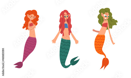 Mermaid or Seamaid with Lush Hair Floating Underwater Vector Set