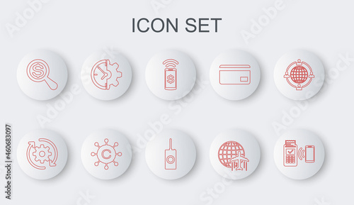 Set line POS terminal, Gear and arrows as workflow, Contactless payment, Globe with flying plane, Magnifying glass dollar, Clock gear, Copywriting network and Remote control icon. Vector