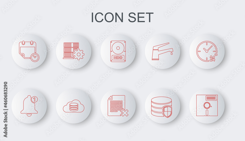 Set line Floppy disk in the 5.25-inch, Bell, Hard drive HDD, Database protection, Calendar and clock, Server setting, Cloud database and Delete file document icon. Vector Set line Floppy disk in the 5.25-inch, Bell, Hard drive HDD, Database protection, Calendar and clock, Server setting, Cloud database and Delete file document icon. Vector