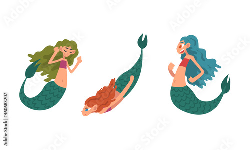Mermaid or Seamaid with Lush Hair Floating Underwater Vector Set