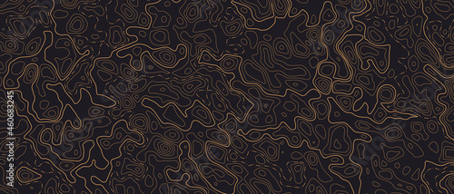 Topographic line map patterns. Orange Contour and textured Background of geographic cartography terrain on dark backdrop. Horizontal banner. Vector illustration