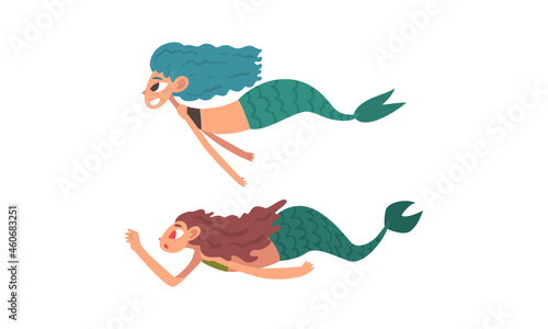 Mermaid or Seamaid with Lush Hair Floating Underwater Vector Set