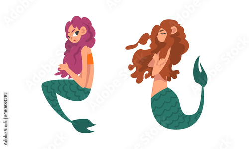 Mermaid or Seamaid with Lush Hair Floating Underwater Vector Set
