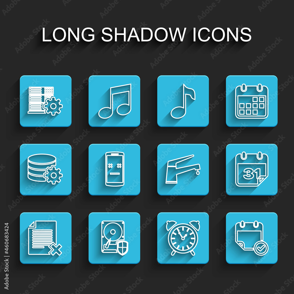 Set line Delete file document, Hard disk drive HDD protection, Server setting, Alarm clock, Calendar with check mark, Dead mobile, and Water tap icon. Vector Set line Delete file document, Hard disk drive HDD protection, Server setting, Alarm clock, Calendar with check mark, Dead mobile, and Water tap icon. Vector