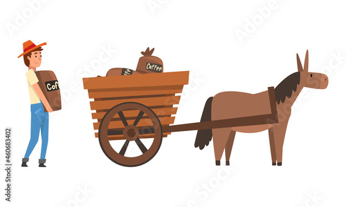 Coffee Production with Man Farmer Carrying Heavy Sack with Coffee Beans in Wagon Vector Set