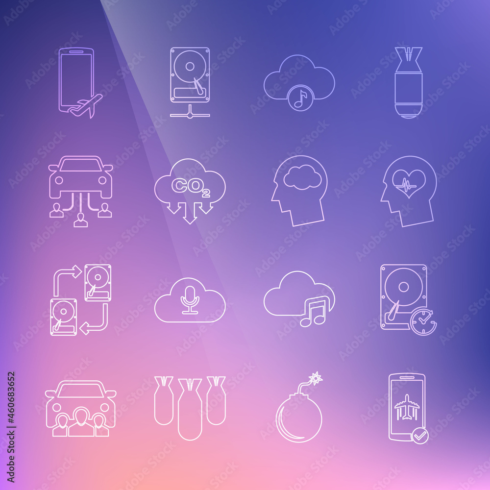 Set line Flight mode in the mobile, Hard disk drive with clockwise, Head heartbeat, Music streaming service, CO2 emissions cloud, Car sharing, and silhouette icon. Vector Set line Flight mode in the mobile, Hard disk drive with clockwise, Head heartbeat, Music streaming service, CO2 emissions cloud, Car sharing, and silhouette icon. Vector