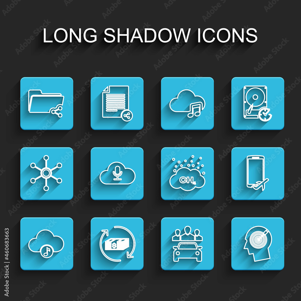 Set line Music streaming service, Refund money, Share folder, Car sharing, Head hunting concept, Flight mode the mobile and Methane emissions reduction icon. Vector Set line Music streaming service, Refund money, Share folder, Car sharing, Head hunting concept, Flight mode the mobile and Methane emissions reduction icon. Vector