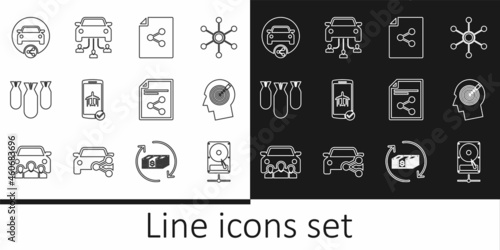 Set line Hard disk drive on sharing network, Head hunting concept, Share file, Flight mode the mobile, Aviation bombs, Car, and icon. Vector